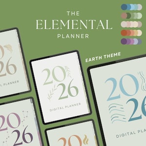 Puede incluir: Diseño de planificador digital con el texto "THE ELEMENTAL PLANNER" y "2026" en varias tabletas. Se destaca el "Earth Theme". Muestras de color en tonos azules, verdes y marrones en la esquina superior derecha.