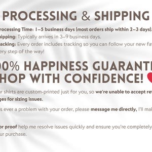 Puede incluir: Texto sobre fondo blanco con las palabras "PROCESSING & SHIPPING" y "100% HAPPINESS GUARANTEE SHOP WITH CONFIDENCE!" con un coraz&oacute;n rojo. El texto describe el tiempo de procesamiento, env&iacute;o e informaci&oacute;n de seguimiento.