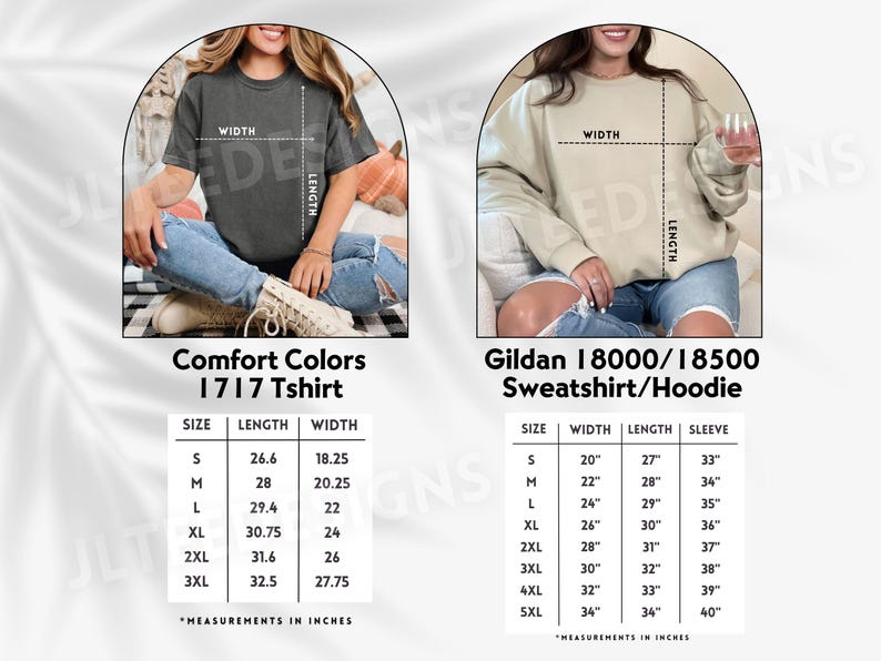 May include: A size chart for Comfort Colors 1717 t-shirts and Gildan 18000/18500 sweatshirts and hoodies. The chart displays width and length measurements in inches for sizes S through 5XL, with visual guides showing how to measure each garment type.