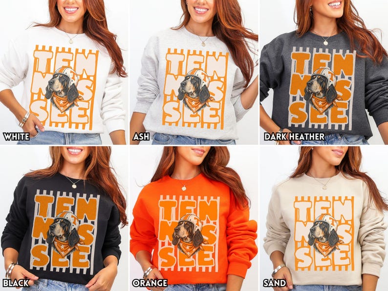 May include: A collection of six crewneck sweatshirts in white, ash, dark heather, black, orange, and sand. Each features a graphic of a dog wearing a football helmet and bandana, with the text TEN SEE overlaid on vertical orange stripes.