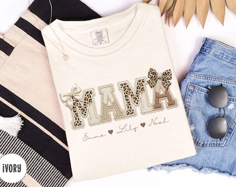Personalized Mama Shirt, Faux Patchwork Comfort Colors Leopard Print Mama Tee, Custom Name Mom Tshirt Coquette Bow Mother's Day Gift New Mom