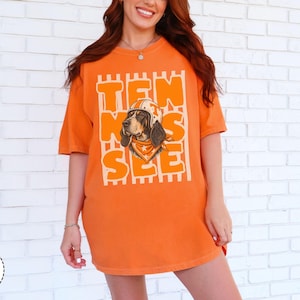 May include: A burnt orange short-sleeve t-shirt featuring a graphic of a dog wearing a helmet and a bandana. The text TEN SEE is printed in large orange letters over a white striped background. The design includes a dog illustration.