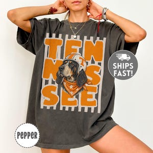 May include: A charcoal grey short-sleeve t-shirt featuring a graphic of a hound dog wearing a white and orange helmet and an orange bandana. The text "TEN NES SEE" is printed in large orange block letters over a background of vertical white stripes.