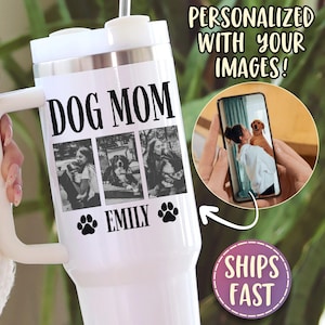 Dog Mom Tumbler Personalized Dog Mom Quencher Tumbler with Handle Travel Cup 40 oz Tumbler Mug Gift for Pet Lovers Custom Dog Photo Cup