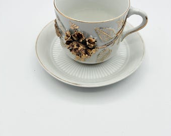 Antique Weimar Porcelain Mocha Cup Saucer – Gilded Flower Relief, "Ich Gratuliere" Gift