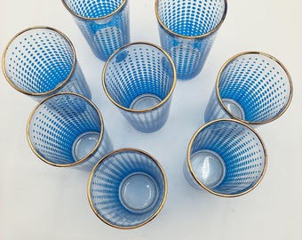 Vintage Hazel Atlas Blue Halftone Tumblers, MCM Gold Rim Glasses Set