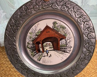 Wilton Columbia Pewter Plate / Covered Bridge Charger / Vintage Armetale Wall Decor