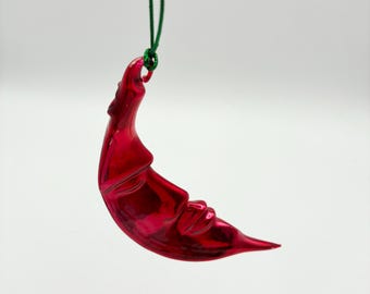 Adorno vintage de cristal rojo rubí de Dept 56, figura de hombre en la luna, bola de cristal de mercurio celestial.