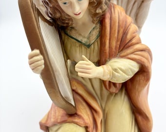 Vintage Hand-Painted Ceramic Angel Harp Figurine, Earth Tone Religious Christmas Decor