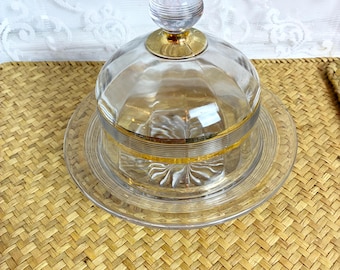 Vintage Gold Trim Glass Cheese Dome, Mid-Century Covered Dish, Vanity Server