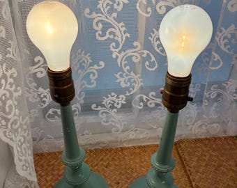 Vintage Sage Green Candlestick Lamps Pair – Mid-Century Spelter Table Lighting