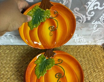 Temp-tations Figural Pumpkin Plates / Fall Harvest Dinnerware Set / Ceramic Pumpkin Dish