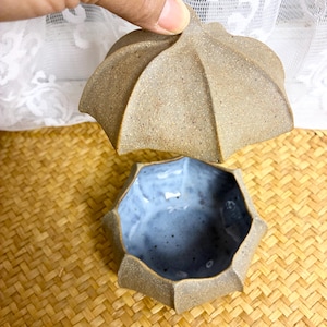 May include: A ceramic lidded container with a textured, speckled tan exterior and a smooth, light blue glazed interior. The lid and base feature a distinct six-pointed, petal-like shape, creating a flower-inspired silhouette when assembled.