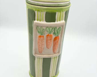 Bote de cerámica vintage para zanahorias, tarro de espaguetis retro a rayas verdes, decoración kitsch para jardín.