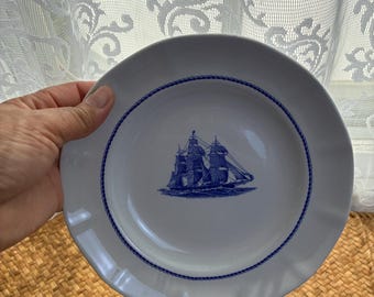 Wedgwood Red Jacket 1853 Plate: Blue White Ironstone Ship Nautical Decor