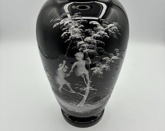 Antique Victorian Mary Gregory Black Amethyst 11" Glass Vase Polished Pontil