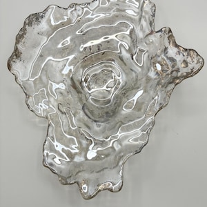 Iridescent Glass Oyster Bowl, Textured Sea Shell Centerpiece, Mother of Pearl Art Glass Catchall