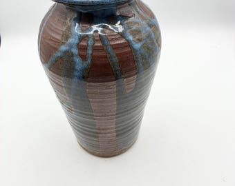 Vintage Stoneware Vase, Hand Thrown Ribbed Pottery, Mid Century Modern, Blue Brown Urn