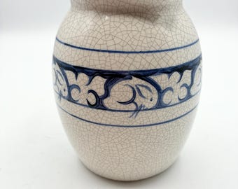 Jarra de gres artesanal vintage de 1985, jarrón con esmalte craquelado de conejo azul
