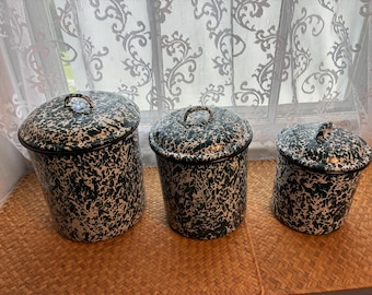 Vintage Green Spatterware Canister Set / Enamelware Graniteware Kitchen Storage / Farmhouse Decor