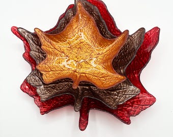 Vintage Indiana Glass Maple Leaf Bowls | Sunset Amberina Carnival Glass Set
