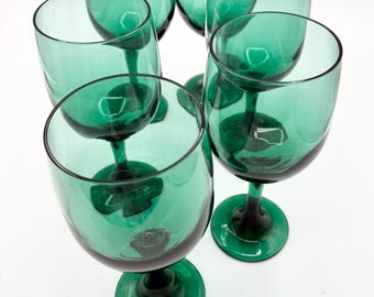 Copas de vino vintage Libbey color verde esmeralda (juego de 6), cristalería retro de mediados de siglo, años 70.