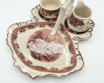 Juego de aperitivos vintage de loza roja transferida, bandeja de porcelana italiana para anfitriona, taza de té romántica de estilo pastoral.