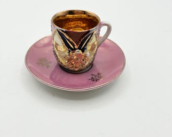 Taza y platillo de café expreso alemán antiguo, juego de porcelana moriage con baño de oro de 24 quilates.