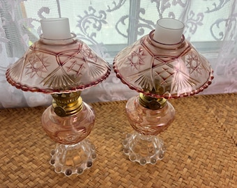 Vintage Pink Hobnail Glass Miniature Oil Lamps Pair – Mid-Century Textured Glass