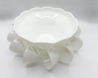 Vintage Fire-King Milk Glass Punch Bowl Set, Grape Pattern, Mid Century Eggnog Cups