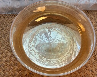 Vintage Peach Swirl Art Glass Bowl – Mid-Century Iridescent Amber Serving Dish