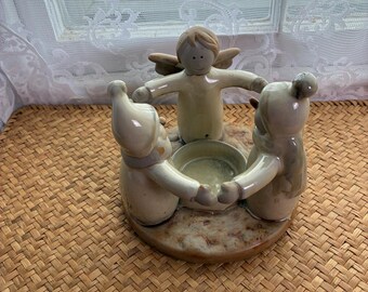 Vintage Ceramic Angel and Snowmen Candle Holder / Holiday Tea Light Ring Figurine
