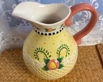 Mary Engelbreit Yellow Ceramic Pitcher: 2001 Floral Lattice Jug Vase, Cottagecore Decor