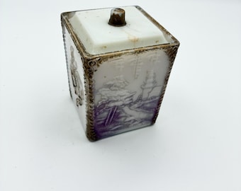 Westmoreland Milk Glass Mustard Jar, Chinoiserie Geisha Purple Slag Condiment Pot