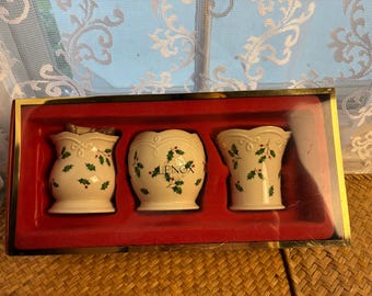 Lenox Holiday Votives / Set of 3 Christmas Candle Holders / Vintage Bone China Holly Decor
