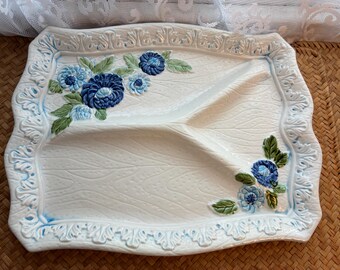 Vintage Lefton Divided Serving Tray: 1970 Blue Floral Ceramic Dishware – Shabby Chic Tableware