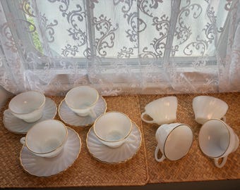 Vintage Fire-King Milk Glass Cups & Saucers | Gold Trim Shell Pattern Set