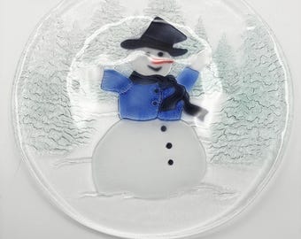 Vintage Mikasa Snowman Glass Platter, Frosted Textured Winter Display Dish