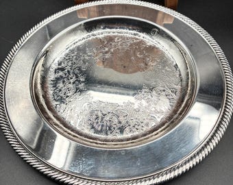Vintage WM Rogers Silver Plate Round Tray #7221 – Ornate Gadroon Edge & Etched Center – Classic Mid-Century Tableware
