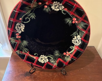 Vintage Susan Brubaker Christmas Plate, Plaid Pinecone Ceramic Charger, Holiday Serving Dish