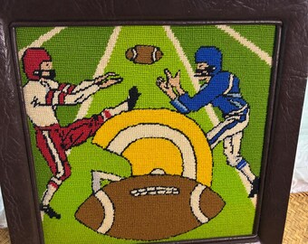 Vintage Football Needlepoint Wall Art | Mid-Century Americana Man Cave Decor