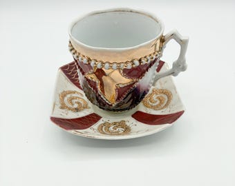 Antique Moriage Beading Cranberry Gold Teacup Saucer Set, Dark Academia Porcelain Gift