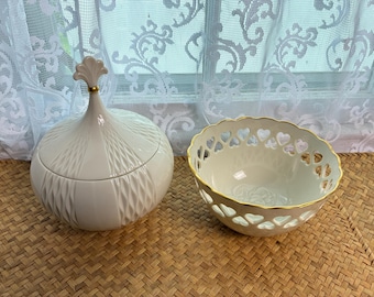 Lenox Covered Jar / Open Rose Bowl / Vintage Fine China Vanity Set