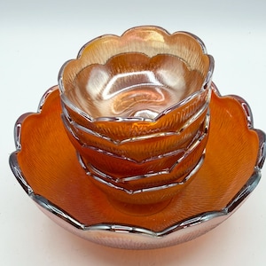 Antique Marigold Carnival Glass Berry Set | Tree Bark Pattern, 1920s-1930s