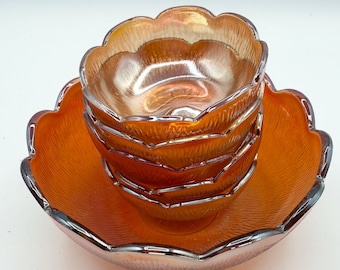 Antique Marigold Carnival Glass Berry Set | Tree Bark Pattern, 1920s-1930s