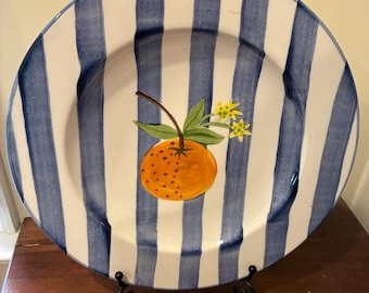 Vintage Laurie Gates Ceramic Platter, Blue Stripe Citrus Charger, Los Angeles Pottery Dish
