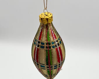 Adorno vintage de cristal en forma de lágrima, bola de tartán a cuadros, decoración festiva navideña con purpurina