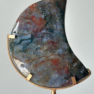 Colorful Moss Agate Rainbow Moon on Stand | Crystal Crescent for Balance and Grounding | Nature-Inspired Decor | Healing Gemstone Display
