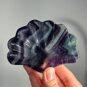 May include: A hand-held, scalloped-edge fluorite stone in shades of purple and green. The polished surface of the stone reflects light, showcasing its natural patterns. The stone is held against a neutral gray background.