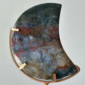 Colorful Moss Agate Rainbow Moon on Stand | Crystal Crescent for Balance and Grounding | Nature-Inspired Decor | Healing Gemstone Display